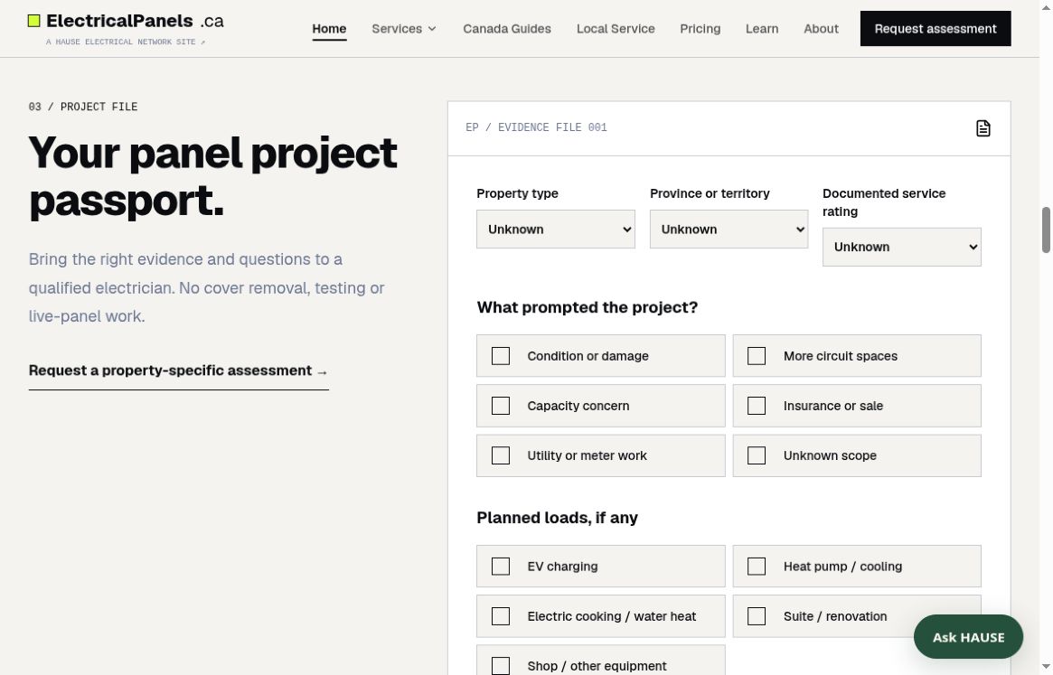 Actual ElectricalPanels project passport with unanswered planning fields